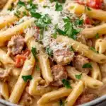 One pot creamy italian - the image is a close-up of a bowl of pasta dish. the pasta appears to be penne, which is a type of penne pasta. it is cooked al dente and is topped with chunks of sausage, tomato sauce, and grated parmesan cheese. the dish is garnished with fresh parsley. the bowl is made of ceramic and is sitting on a white tablecloth.