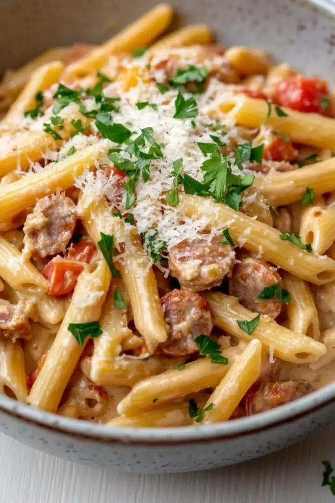 One pot creamy italian - the image is a close-up of a bowl of pasta dish. the pasta appears to be penne, which is a type of penne pasta. it is cooked al dente and is topped with chunks of sausage, tomato sauce, and grated parmesan cheese. the dish is garnished with fresh parsley. the bowl is made of ceramic and is sitting on a white tablecloth.