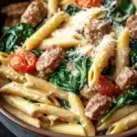 One pot creamy italian - the image is a close-up of a bowl of pasta dish. the pasta appears to be penne, which is a type of penne pasta, and is cooked in a creamy sauce. the dish is garnished with fresh spinach leaves, cherry tomatoes, and chunks of sausage. the sausage is cooked to a golden brown color and is arranged in a circular pattern on top of the spinach leaves. there is also a sprinkle of grated parmesan cheese on top. the bowl is made of dark brown ceramic and is sitting on a wooden table.