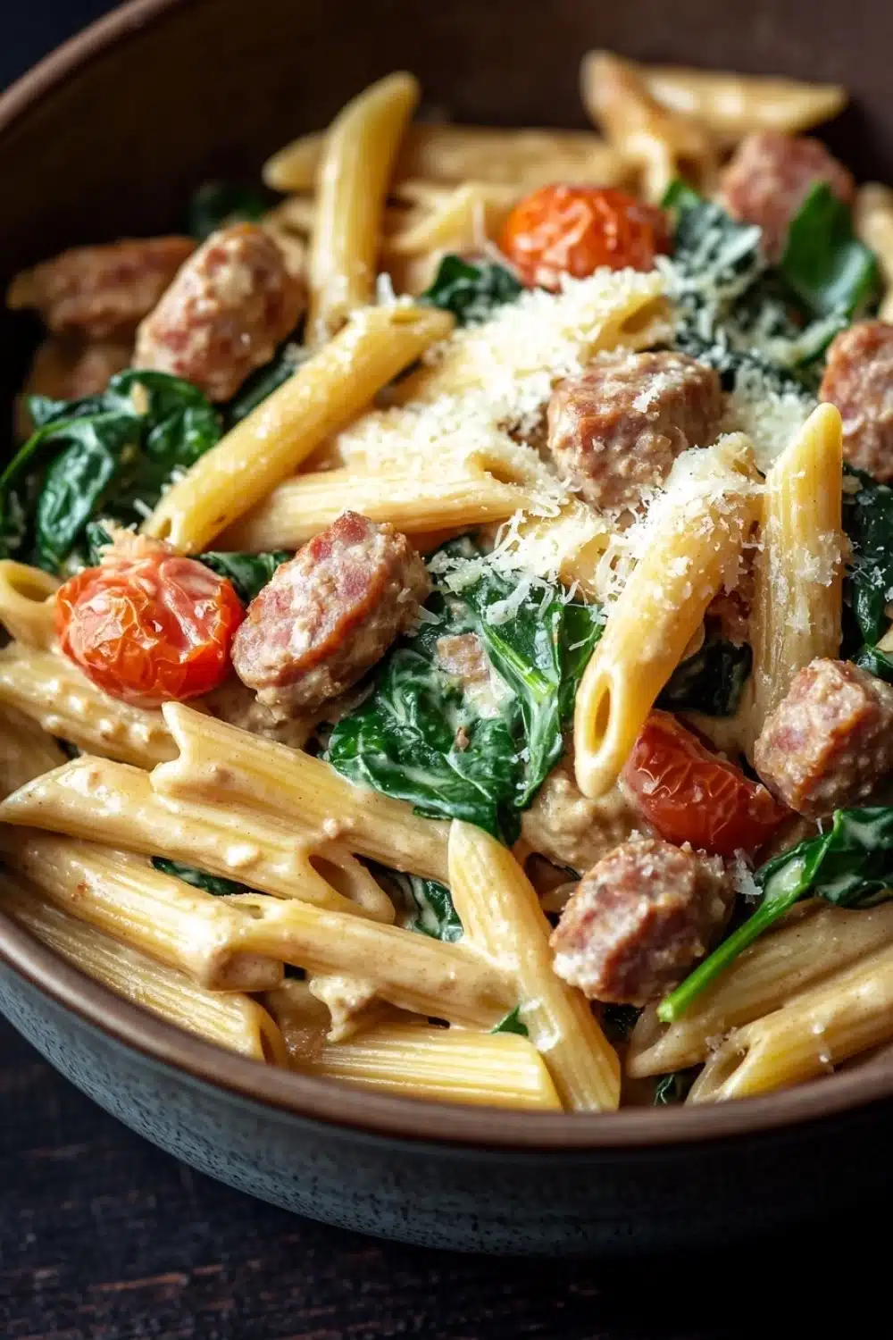 One pot creamy italian - the image is a close-up of a bowl of pasta dish. the pasta appears to be penne, which is a type of penne pasta, and is cooked in a creamy sauce. the dish is garnished with fresh spinach leaves, cherry tomatoes, and chunks of sausage. the sausage is cooked to a golden brown color and is arranged in a circular pattern on top of the spinach leaves. there is also a sprinkle of grated parmesan cheese on top. the bowl is made of dark brown ceramic and is sitting on a wooden table.