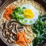 One pot creamy ramen - the image is a close-up of a bowl of ramen soup. the bowl is made of ceramic and has a brown rim. the soup is a creamy white color and is filled with noodles, sliced carrots, sliced mushrooms, and green onions. on top of the noodles, there is a fried egg with a runny yolk. the egg is garnished with chopped green onions and a sprinkle of sesame seeds. there are also a few pieces of spinach scattered around the bowl. the background is a wooden table.