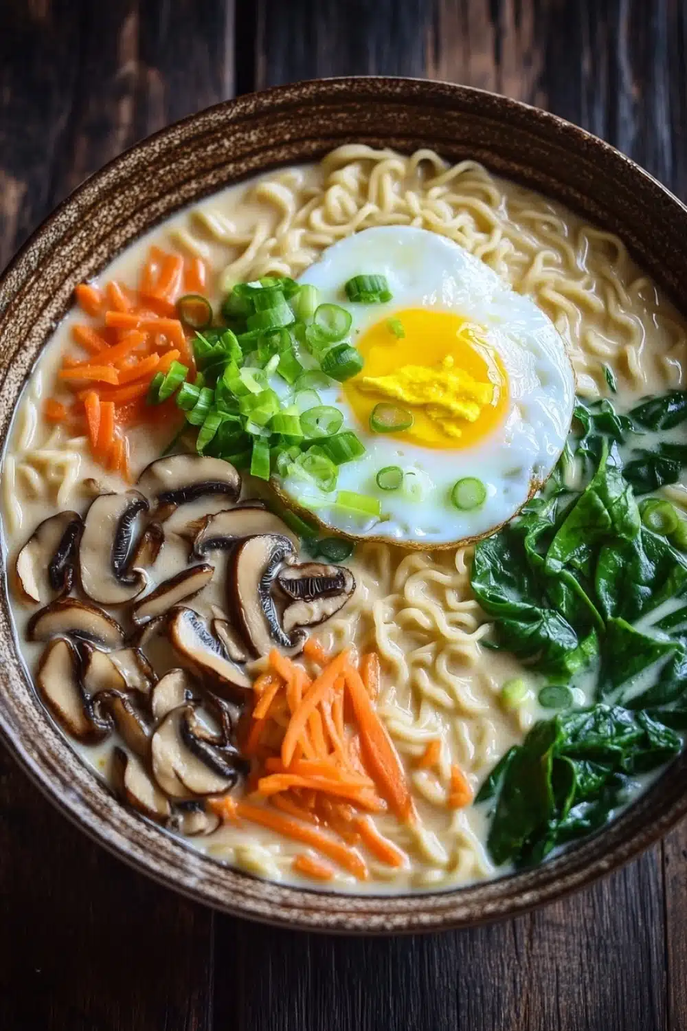 One pot creamy ramen - the image is a close-up of a bowl of ramen soup. the bowl is made of ceramic and has a brown rim. the soup is a creamy white color and is filled with noodles, sliced carrots, sliced mushrooms, and green onions. on top of the noodles, there is a fried egg with a runny yolk. the egg is garnished with chopped green onions and a sprinkle of sesame seeds. there are also a few pieces of spinach scattered around the bowl. the background is a wooden table.