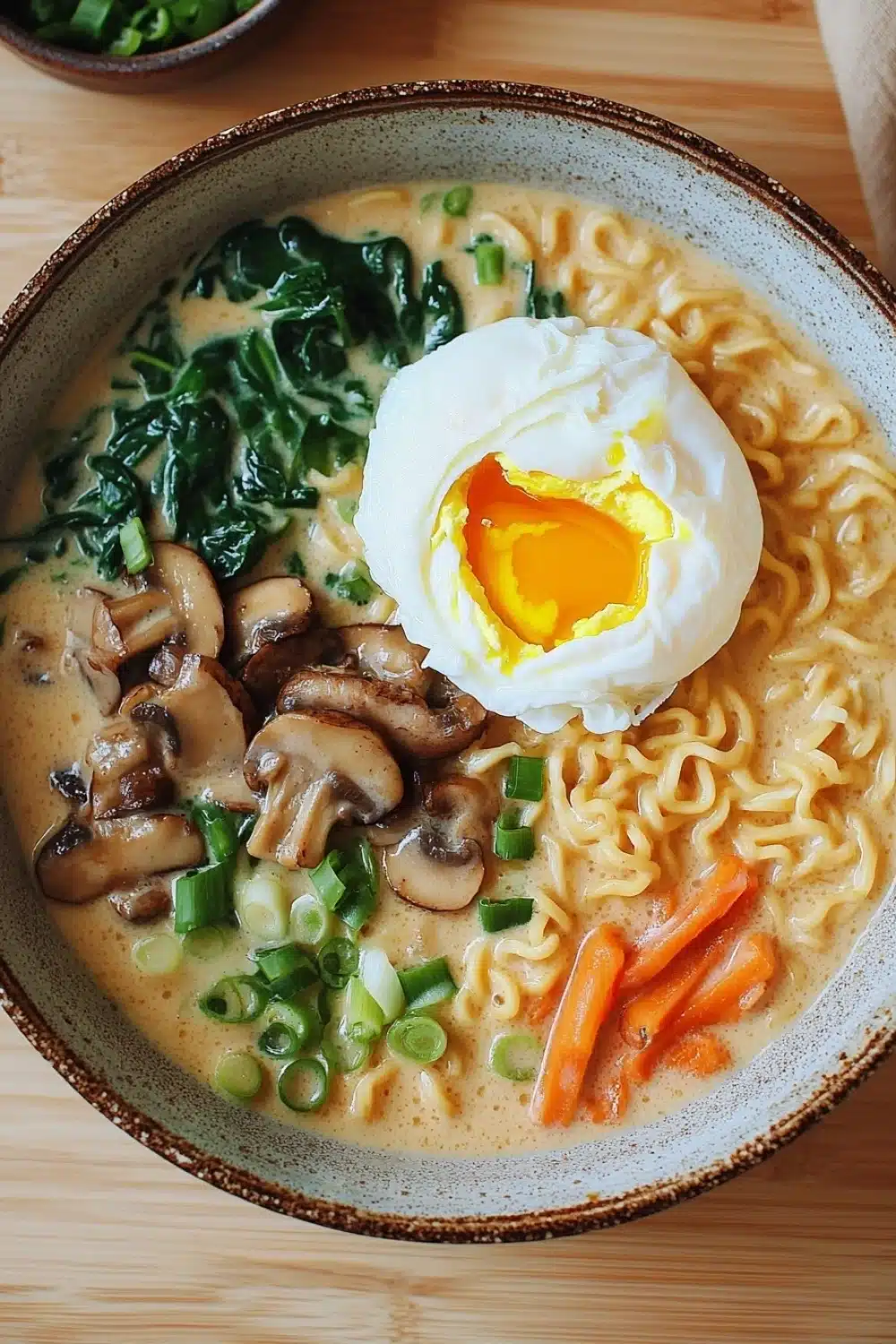 One pot creamy ramen - the image is a close-up of a bowl of ramen soup. the bowl is made of ceramic and has a brown rim. the soup is a creamy yellow color and appears to be thick and creamy. on top of the soup, there is a hard-boiled egg with a runny yolk. the egg is placed on top of a bed of sliced mushrooms and green onions. there are also a few pieces of carrots scattered around the bowl. the background is a wooden table with a beige cloth napkin on the right side.