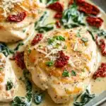 One pot creamy tuscan chicken - the image shows a plate of food with three pieces of chicken breasts covered in a creamy sauce. the chicken breasts are golden brown and appear to be seasoned with herbs and spices. the sauce is a light yellow color and is drizzled over the top of the chicken breasts. there are also some red chili peppers scattered throughout the dish, adding a pop of color to the plate. the plate is sitting on a wooden table.