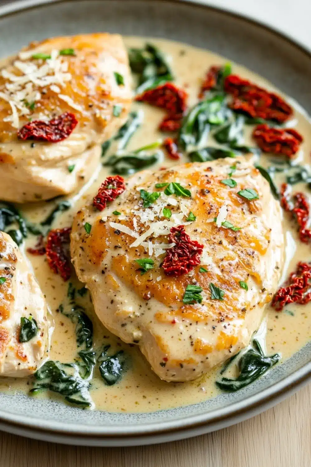 One pot creamy tuscan chicken - the image shows a plate of food with three pieces of chicken breasts covered in a creamy sauce. the chicken breasts are golden brown and appear to be seasoned with herbs and spices. the sauce is a light yellow color and is drizzled over the top of the chicken breasts. there are also some red chili peppers scattered throughout the dish, adding a pop of color to the plate. the plate is sitting on a wooden table.