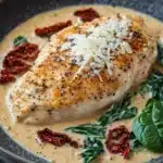 One pot creamy tuscan chicken - the image shows a plate of food, specifically a dish of chicken breasts covered in a creamy sauce. the chicken breasts are golden brown and appear to be seasoned with herbs and spices. the sauce is a light yellow color and is drizzled over the top of the chicken breasts. on the side of the plate, there are fresh spinach leaves and red chili peppers scattered around. the plate is sitting on a wooden table with a white cloth napkin in the background. the overall presentation of the dish is elegant and appetizing.