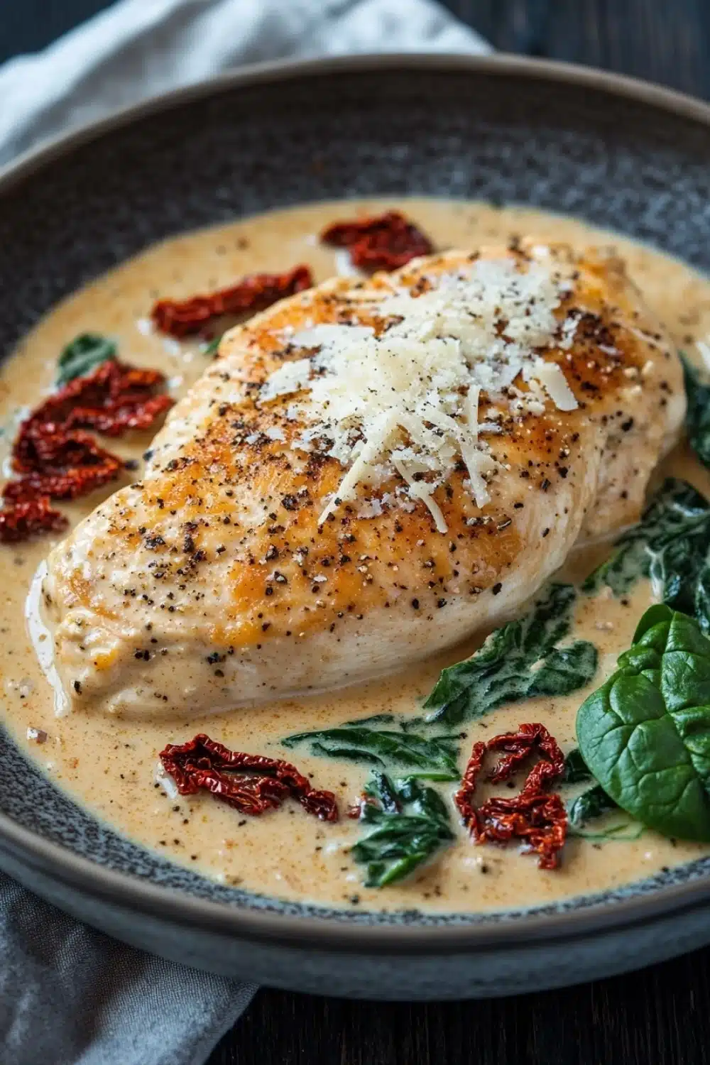 One pot creamy tuscan chicken - the image shows a plate of food, specifically a dish of chicken breasts covered in a creamy sauce. the chicken breasts are golden brown and appear to be seasoned with herbs and spices. the sauce is a light yellow color and is drizzled over the top of the chicken breasts. on the side of the plate, there are fresh spinach leaves and red chili peppers scattered around. the plate is sitting on a wooden table with a white cloth napkin in the background. the overall presentation of the dish is elegant and appetizing.