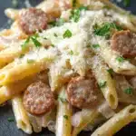 One pot garlic sausage pasta - the image shows a plate of penne pasta with sausage and tomato sauce. the pasta is cooked al dente and is topped with a generous amount of grated parmesan cheese. the sausage is cut into small cubes and is arranged in a circular pattern on top of the pasta. the sauce is a creamy white color and appears to be drizzled over the top. the dish is garnished with chopped parsley and there are a few sprigs of parsley scattered around the plate. the plate is black and the background is blurred, making the pasta the focal point of the image.