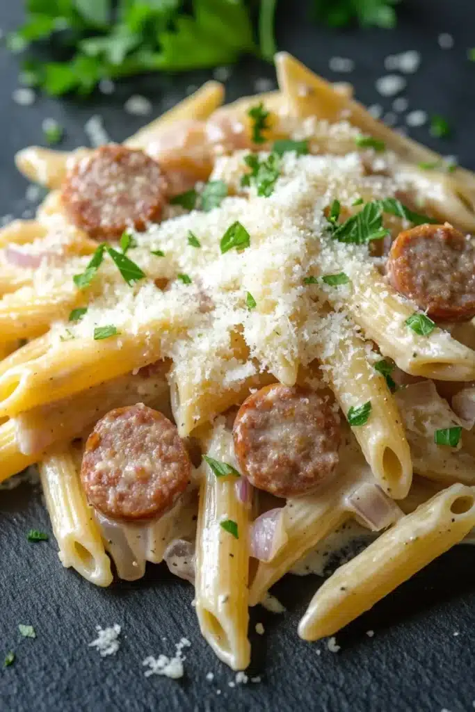 One pot garlic sausage pasta - the image shows a plate of penne pasta with sausage and tomato sauce. the pasta is cooked al dente and is topped with a generous amount of grated parmesan cheese. the sausage is cut into small cubes and is arranged in a circular pattern on top of the pasta. the sauce is a creamy white color and appears to be drizzled over the top. the dish is garnished with chopped parsley and there are a few sprigs of parsley scattered around the plate. the plate is black and the background is blurred, making the pasta the focal point of the image.