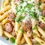 One pot garlic sausage pasta - the image is a close-up of a plate of pasta dish. the pasta appears to be penne, which is a type of penne pasta, and it is cooked al dente. the dish is garnished with chopped parsley and grated parmesan cheese. there are also small chunks of sausage scattered throughout the dish, adding a pop of color and texture. the plate is white and is sitting on a white marble countertop.