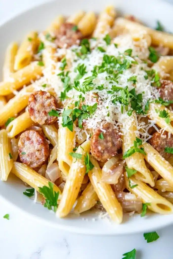 One pot garlic sausage pasta - the image is a close-up of a plate of pasta dish. the pasta appears to be penne, which is a type of penne pasta, and it is cooked al dente. the dish is garnished with chopped parsley and grated parmesan cheese. there are also small chunks of sausage scattered throughout the dish, adding a pop of color and texture. the plate is white and is sitting on a white marble countertop.