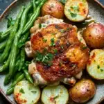 One pot lemon garlic chicken - the image is a close-up of a plate of food. the plate is made of a light-colored ceramic or porcelain material and is placed on a dark grey countertop. on the plate, there is a large piece of grilled chicken with a golden brown glaze on top. the chicken is surrounded by a bed of green beans and sliced potatoes. the potatoes are golden brown and appear to be seasoned with herbs and spices. there are also a few sprigs of parsley scattered around the plate. the overall presentation of the dish is elegant and appetizing.