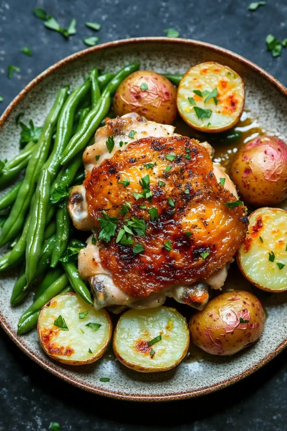 One pot lemon garlic chicken - the image is a close-up of a plate of food. the plate is made of a light-colored ceramic or porcelain material and is placed on a dark grey countertop. on the plate, there is a large piece of grilled chicken with a golden brown glaze on top. the chicken is surrounded by a bed of green beans and sliced potatoes. the potatoes are golden brown and appear to be seasoned with herbs and spices. there are also a few sprigs of parsley scattered around the plate. the overall presentation of the dish is elegant and appetizing.