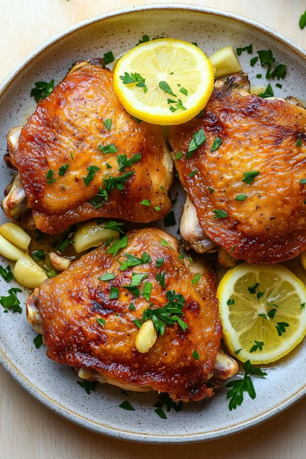 One pot lemon garlic chicken - the image shows a plate of grilled chicken with lemon wedges and parsley on top. the chicken is golden brown and appears to be seasoned with herbs and spices. the plate is white with a light blue rim and is placed on a wooden table. there are also a few small pieces of lemon scattered around the plate. the overall presentation of the dish is appetizing and visually appealing.