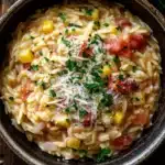 One pot pasta orzo - the image is a close-up of a bowl of pasta dish. the pasta appears to be fusilli, which is a type of italian pasta, and is mixed with diced tomatoes, corn, and other vegetables. the dish is garnished with chopped parsley and grated parmesan cheese. the bowl is made of ceramic and is sitting on a wooden table. there is a sprig of parsley on the side of the bowl. the background is blurred, but it seems to be a rustic kitchen countertop.