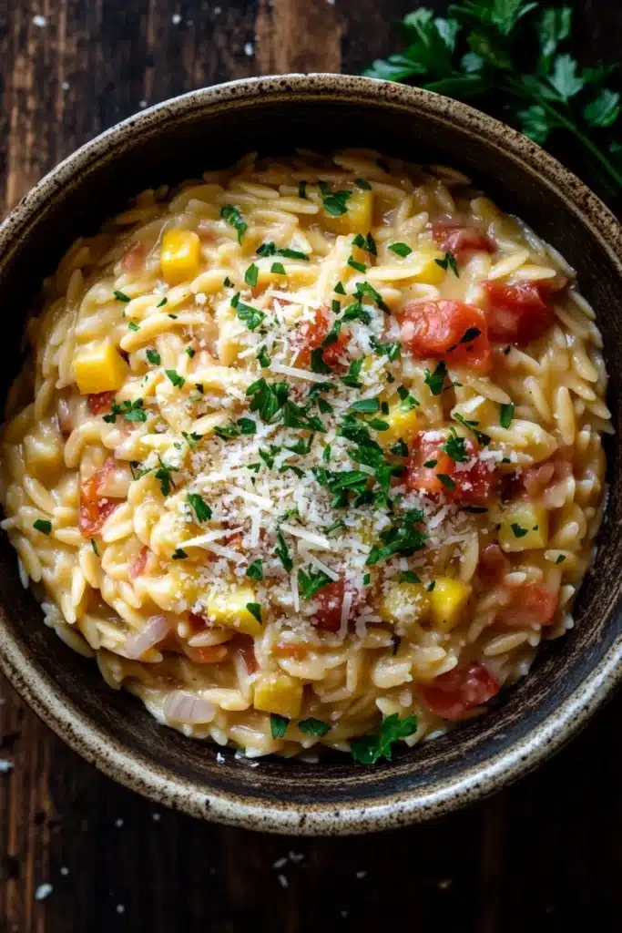 One pot pasta orzo - the image is a close-up of a bowl of pasta dish. the pasta appears to be fusilli, which is a type of italian pasta, and is mixed with diced tomatoes, corn, and other vegetables. the dish is garnished with chopped parsley and grated parmesan cheese. the bowl is made of ceramic and is sitting on a wooden table. there is a sprig of parsley on the side of the bowl. the background is blurred, but it seems to be a rustic kitchen countertop.