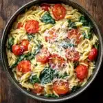 One pot pasta orzo - the image is a top view of a bowl of pasta salad. the bowl is made of metal and is placed on a wooden table. the pasta is fusilli, which is a type of penne pasta, and it is mixed with cherry tomatoes, spinach, and grated parmesan cheese. the tomatoes are bright red and appear to be ripe and juicy. the spinach is a vibrant green color and is scattered throughout the dish. the cheese is white and appears to be grated. the overall appearance of the dish is fresh and appetizing.