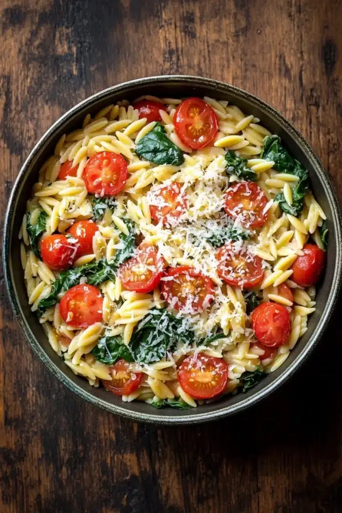 One pot pasta orzo - the image is a top view of a bowl of pasta salad. the bowl is made of metal and is placed on a wooden table. the pasta is fusilli, which is a type of penne pasta, and it is mixed with cherry tomatoes, spinach, and grated parmesan cheese. the tomatoes are bright red and appear to be ripe and juicy. the spinach is a vibrant green color and is scattered throughout the dish. the cheese is white and appears to be grated. the overall appearance of the dish is fresh and appetizing.