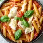One pot pasta tomate mozzarella ofen - the image shows a bowl of penne pasta with tomato sauce and mozzarella cheese. the pasta is cooked al dente and is topped with fresh basil leaves. the sauce is a deep red color and appears to be tomato-based. the bowl is black and is sitting on a white marble countertop. there are a few basil leaves scattered around the bowl, adding a pop of green color to the dish.