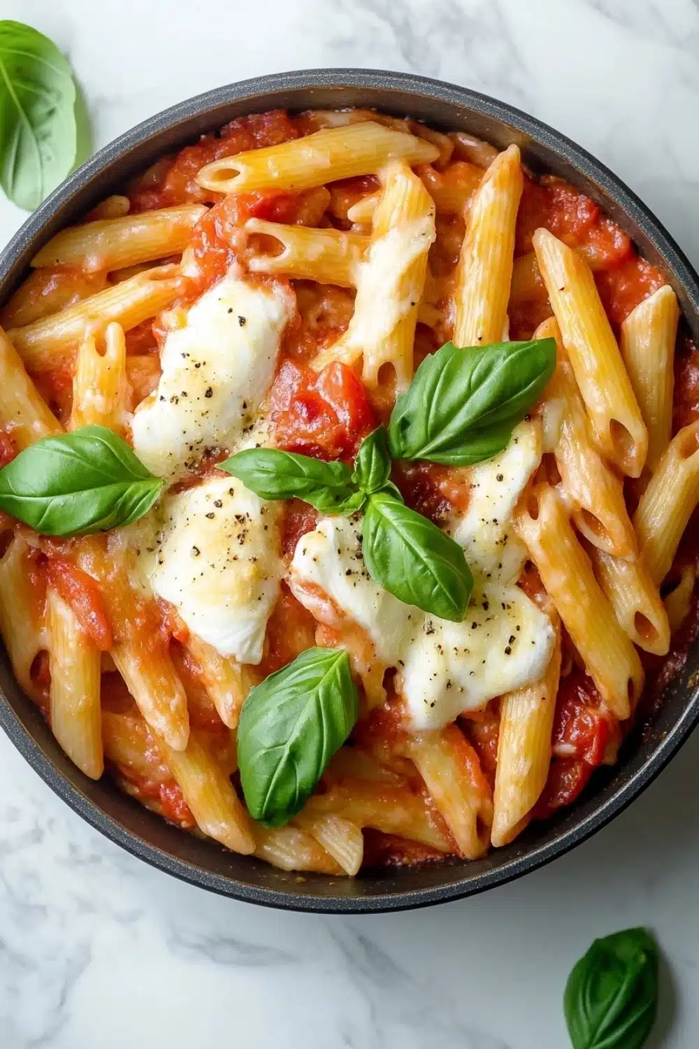 One pot pasta tomate mozzarella ofen - the image shows a bowl of penne pasta with tomato sauce and mozzarella cheese. the pasta is cooked al dente and is topped with fresh basil leaves. the sauce is a deep red color and appears to be tomato-based. the bowl is black and is sitting on a white marble countertop. there are a few basil leaves scattered around the bowl, adding a pop of green color to the dish.