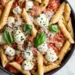 One pot pasta tomate mozzarella ofen - the image is a close-up of a dish in a black bowl. the dish appears to be a penne pasta dish with tomato sauce and mozzarella cheese. the pasta is cooked al dente and is garnished with fresh basil leaves. the tomatoes are bright red and appear to be seasoned with herbs and spices. the cheese is melted and bubbly, and it is scattered throughout the dish. the bowl is sitting on a white marble countertop, and there are a few basil leaves scattered around the bowl.