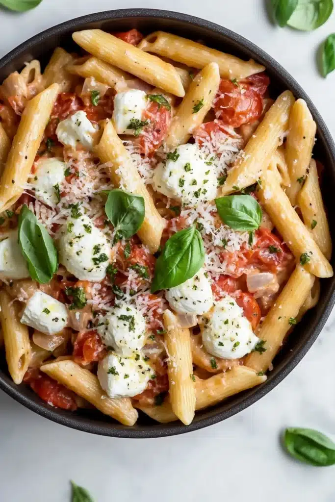 One pot pasta tomate mozzarella ofen - the image is a close-up of a dish in a black bowl. the dish appears to be a penne pasta dish with tomato sauce and mozzarella cheese. the pasta is cooked al dente and is garnished with fresh basil leaves. the tomatoes are bright red and appear to be seasoned with herbs and spices. the cheese is melted and bubbly, and it is scattered throughout the dish. the bowl is sitting on a white marble countertop, and there are a few basil leaves scattered around the bowl.