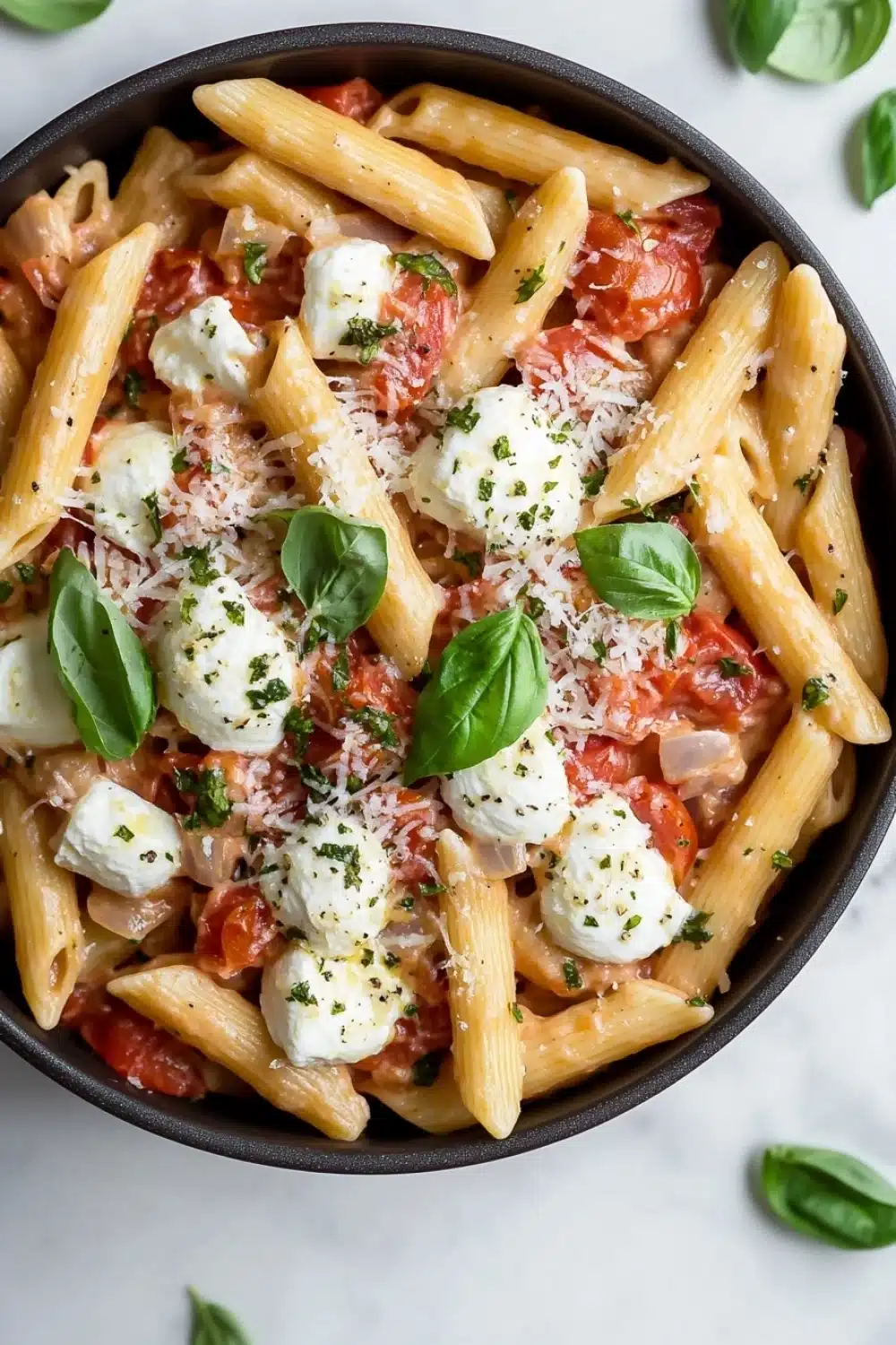 One pot pasta tomate mozzarella ofen - the image is a close-up of a dish in a black bowl. the dish appears to be a penne pasta dish with tomato sauce and mozzarella cheese. the pasta is cooked al dente and is garnished with fresh basil leaves. the tomatoes are bright red and appear to be seasoned with herbs and spices. the cheese is melted and bubbly, and it is scattered throughout the dish. the bowl is sitting on a white marble countertop, and there are a few basil leaves scattered around the bowl.