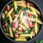 One pot pasta with spinach - the image is a close-up of a bowl of pasta dish. the pasta appears to be penne, which is a type of penne pasta, and it is cooked al dente. the dish is garnished with chopped spinach, cherry tomatoes, and grated parmesan cheese. the bowl is black and is sitting on a dark grey surface. there are a few sprigs of parsley scattered around the bowl. the overall color palette of the dish is warm and inviting.