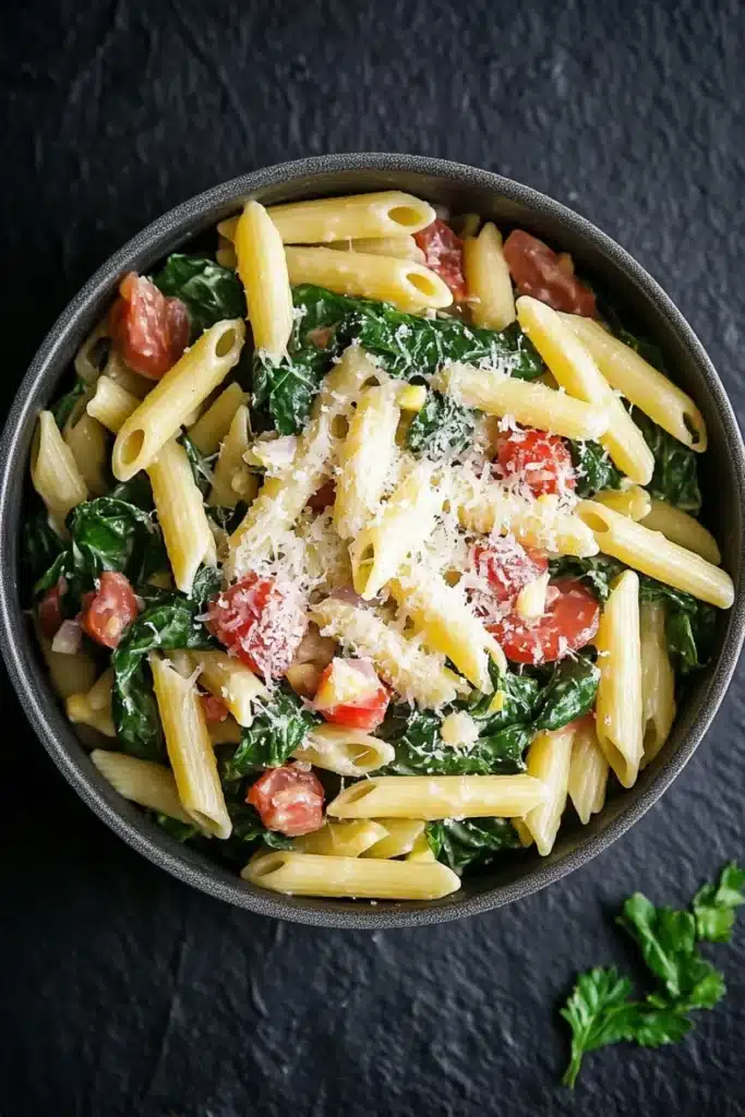 One pot pasta with spinach - the image is a close-up of a bowl of pasta dish. the pasta appears to be penne, which is a type of penne pasta, and it is cooked al dente. the dish is garnished with chopped spinach, cherry tomatoes, and grated parmesan cheese. the bowl is black and is sitting on a dark grey surface. there are a few sprigs of parsley scattered around the bowl. the overall color palette of the dish is warm and inviting.