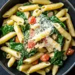 One pot pasta with spinach - the image is a close-up of a bowl of pasta dish. the pasta appears to be penne, which is a type of penne pasta, and is cooked until it is golden brown. the dish is garnished with fresh spinach leaves, cherry tomatoes, and grated parmesan cheese. there are also a few garlic cloves scattered around the bowl. the bowl is black and has a textured surface. the overall color scheme of the dish is warm and inviting.