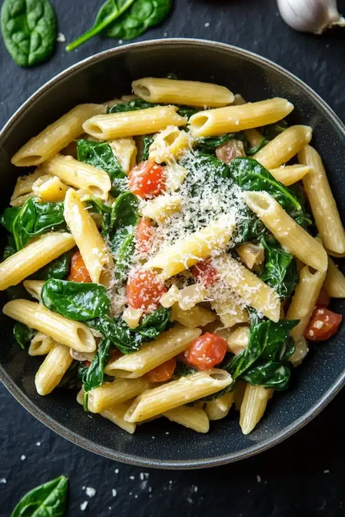 One pot pasta with spinach - the image is a close-up of a bowl of pasta dish. the pasta appears to be penne, which is a type of penne pasta, and is cooked until it is golden brown. the dish is garnished with fresh spinach leaves, cherry tomatoes, and grated parmesan cheese. there are also a few garlic cloves scattered around the bowl. the bowl is black and has a textured surface. the overall color scheme of the dish is warm and inviting.