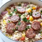 One pot rice with sausage - the image shows a large white ceramic skillet filled with a dish of rice and sausage. the rice is white and fluffy, and the sausage is cooked to a golden brown color. the dish is garnished with chopped parsley and red onions. the skillet is sitting on a white marble countertop. the background is blurred, but it appears to be a kitchen countertop with a white spatula resting on it.