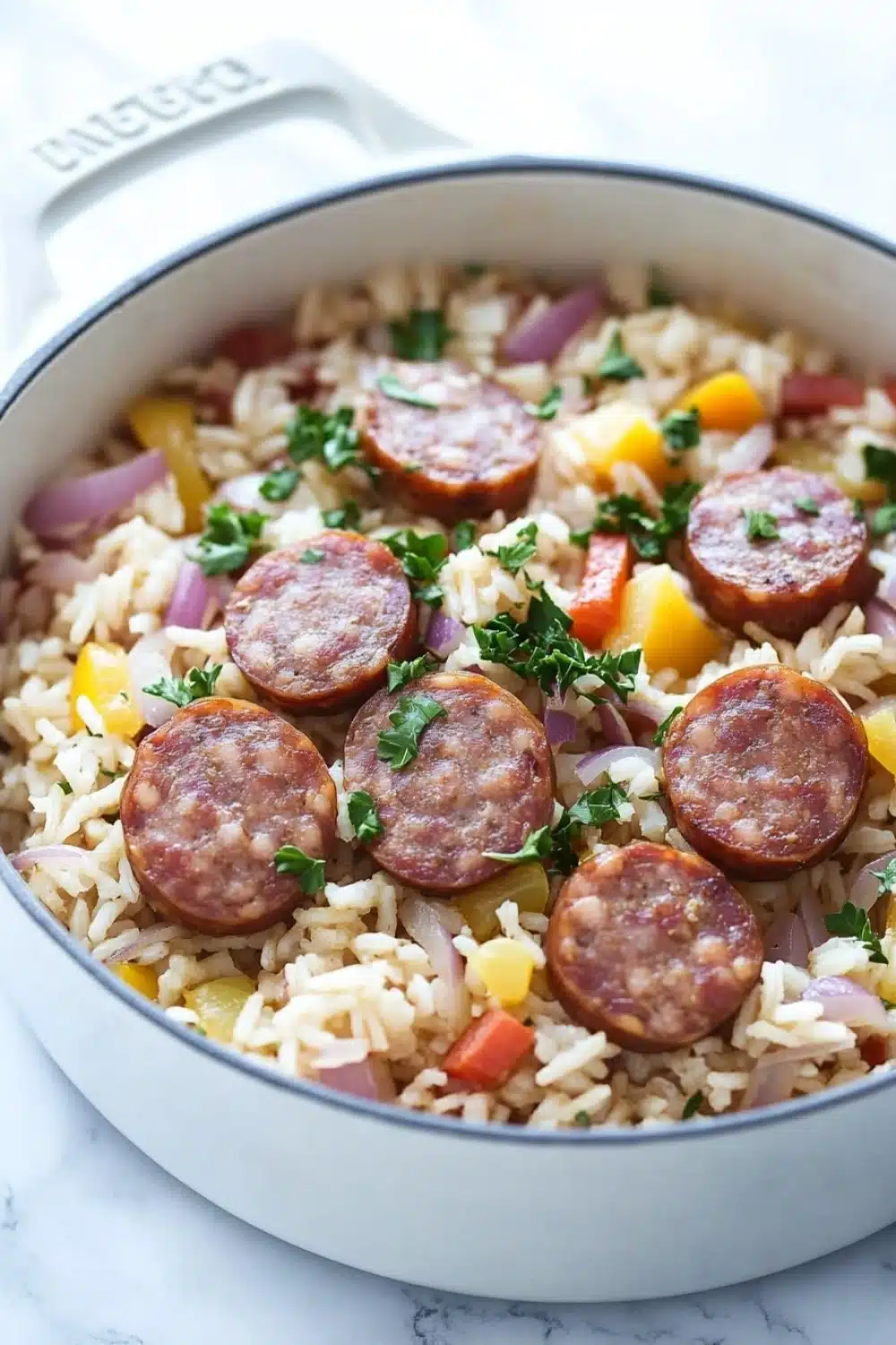 One pot rice with sausage - the image shows a large white ceramic skillet filled with a dish of rice and sausage. the rice is white and fluffy, and the sausage is cooked to a golden brown color. the dish is garnished with chopped parsley and red onions. the skillet is sitting on a white marble countertop. the background is blurred, but it appears to be a kitchen countertop with a white spatula resting on it.