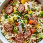 One pot rice with sausage - the image is a close-up of a dish in a white bowl. the dish appears to be a type of rice or rice salad with sausage, bell peppers, and onions mixed in. the sausage is cut into small cubes and is arranged in a circular pattern on top of the rice. the bell peppers are bright red and yellow, and the onions are red. the rice is white and fluffy, and there are small pieces of green herbs scattered throughout the dish. the bowl is sitting on a wooden table with a sprig of parsley on the side.