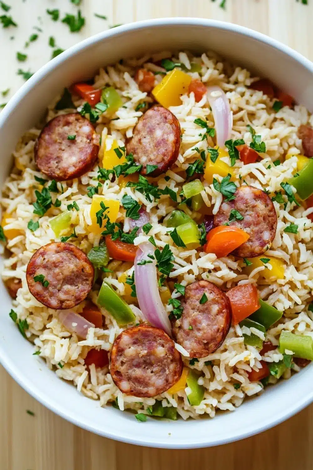 One pot rice with sausage - the image is a close-up of a dish in a white bowl. the dish appears to be a type of rice or rice salad with sausage, bell peppers, and onions mixed in. the sausage is cut into small cubes and is arranged in a circular pattern on top of the rice. the bell peppers are bright red and yellow, and the onions are red. the rice is white and fluffy, and there are small pieces of green herbs scattered throughout the dish. the bowl is sitting on a wooden table with a sprig of parsley on the side.