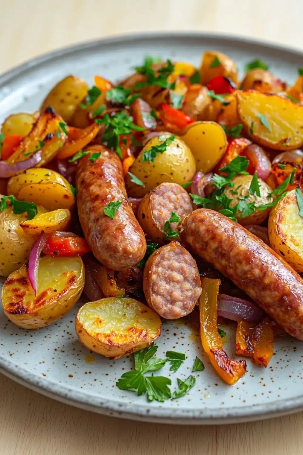 One pot sausage bake - the image shows a plate of food with sausages and potatoes. the plate is white with a speckled pattern and is placed on a wooden table. the sausage is cooked to a golden brown color and is surrounded by diced potatoes, red and yellow bell peppers, and chopped parsley. the potatoes are cut into small cubes and are arranged in a pile on top of the sausage. the dish is garnished with a sprig of parsley, adding a pop of green color to the plate.