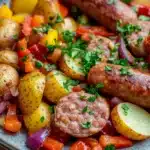 One pot sausage bake - the image is a close-up of a plate of food. the plate is blue and white with a speckled pattern. on the plate, there are several sausages, which appear to be cooked and have a golden brown color. the sausage is garnished with a sprig of fresh parsley. next to the sausage, there is a pile of diced potatoes, red and yellow bell peppers, and red onions. the potatoes are cut into small cubes and are arranged in a pile on top of the vegetables. the vegetables are mixed together with the sausage and potatoes, creating a colorful and appetizing dish.