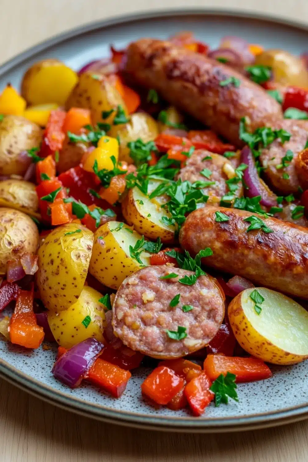 One pot sausage bake - the image is a close-up of a plate of food. the plate is blue and white with a speckled pattern. on the plate, there are several sausages, which appear to be cooked and have a golden brown color. the sausage is garnished with a sprig of fresh parsley. next to the sausage, there is a pile of diced potatoes, red and yellow bell peppers, and red onions. the potatoes are cut into small cubes and are arranged in a pile on top of the vegetables. the vegetables are mixed together with the sausage and potatoes, creating a colorful and appetizing dish.