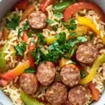 One pot sausage peppers and rice - the image is a close-up of a dish in a white bowl. the dish appears to be a type of rice dish with sausage, bell peppers, and other vegetables mixed in. the sausage is cut into small cubes and is arranged in a circular pattern on top of the rice. the bell peppers are red, yellow, and green, and the peppers are yellow and red. the rice is white and fluffy, and there are a few sprigs of parsley scattered throughout the dish. the bowl is sitting on a white marble countertop.