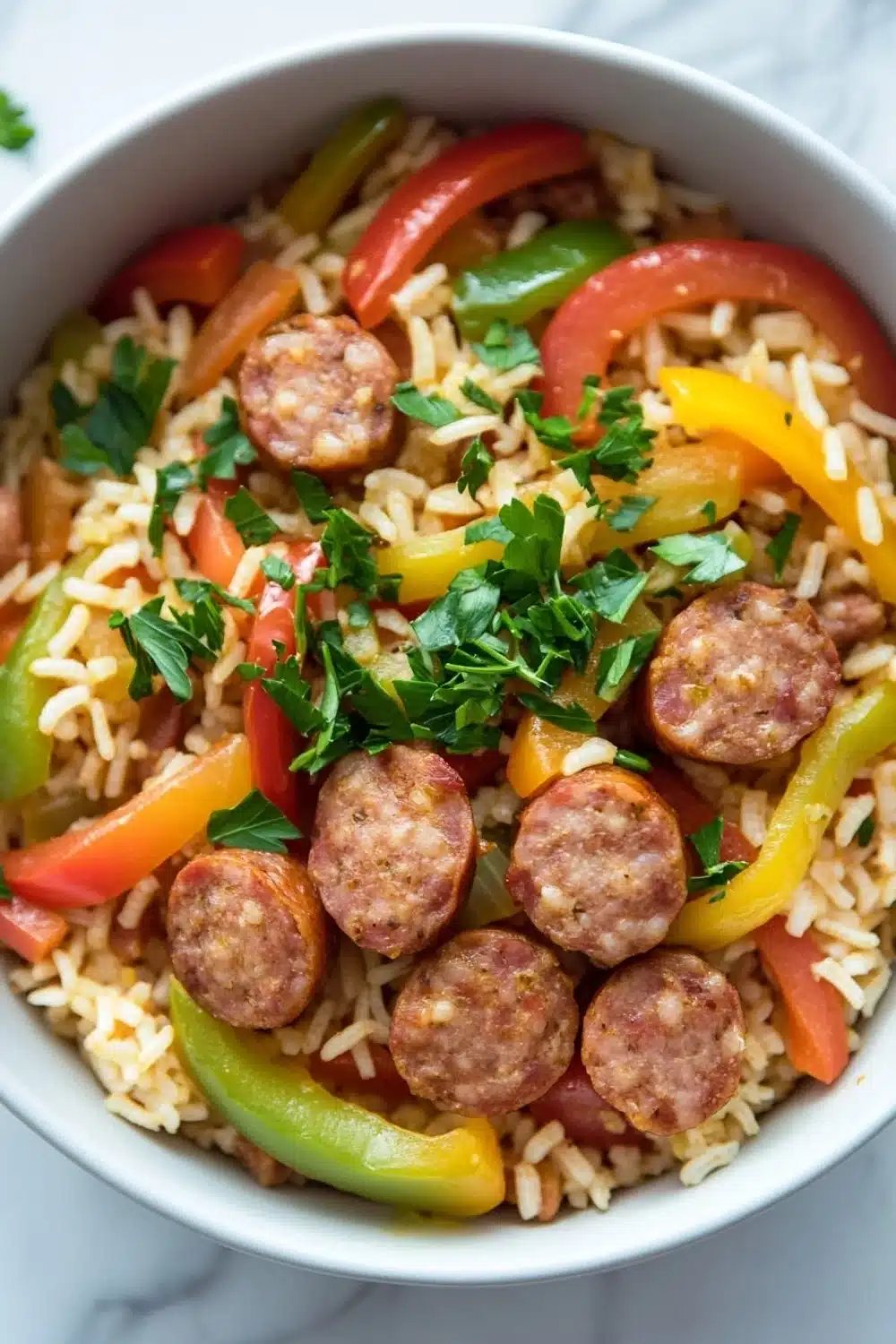 One pot sausage peppers and rice - the image is a close-up of a dish in a white bowl. the dish appears to be a type of rice dish with sausage, bell peppers, and other vegetables mixed in. the sausage is cut into small cubes and is arranged in a circular pattern on top of the rice. the bell peppers are red, yellow, and green, and the peppers are yellow and red. the rice is white and fluffy, and there are a few sprigs of parsley scattered throughout the dish. the bowl is sitting on a white marble countertop.