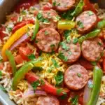 One pot sausage peppers and rice - the image is a close-up of a dish in a gray bowl. the dish appears to be a type of rice dish with sausage and vegetables mixed in. the sausage is cut into small cubes and is arranged in a circular pattern on top of the rice. the vegetables include red, yellow, and green bell peppers, red onions, and yellow bell peppers. there are also some chopped parsley scattered throughout the dish. the bowl is sitting on a wooden table with a blue and white striped napkin in the background.