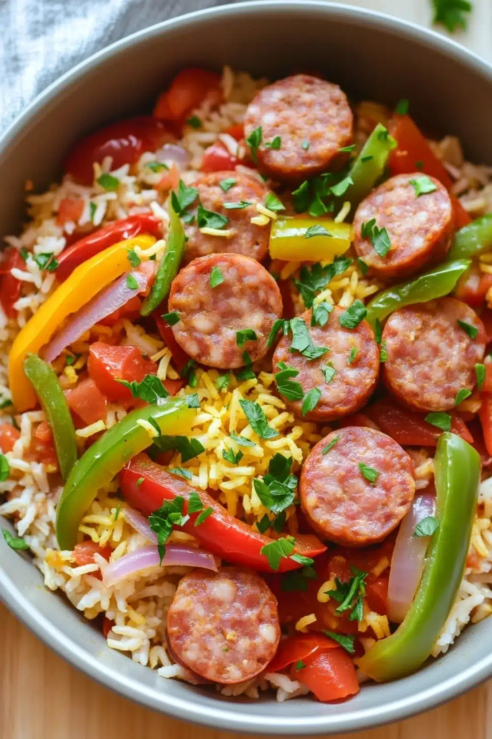 One pot sausage peppers and rice - the image is a close-up of a dish in a gray bowl. the dish appears to be a type of rice dish with sausage and vegetables mixed in. the sausage is cut into small cubes and is arranged in a circular pattern on top of the rice. the vegetables include red, yellow, and green bell peppers, red onions, and yellow bell peppers. there are also some chopped parsley scattered throughout the dish. the bowl is sitting on a wooden table with a blue and white striped napkin in the background.