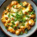 One skillet cheesy green chili chicken - the image is a close-up of a bowl of food. the bowl is made of ceramic and has a brown rim. the food appears to be a dish made with chicken, cheese, and green onions. the chicken is cooked to a golden brown color and is covered in a creamy sauce. the cheese is melted and bubbly, and there are small pieces of green onions scattered throughout the dish. the dish is garnished with a sprig of fresh cilantro. the background is a dark grey textured surface.