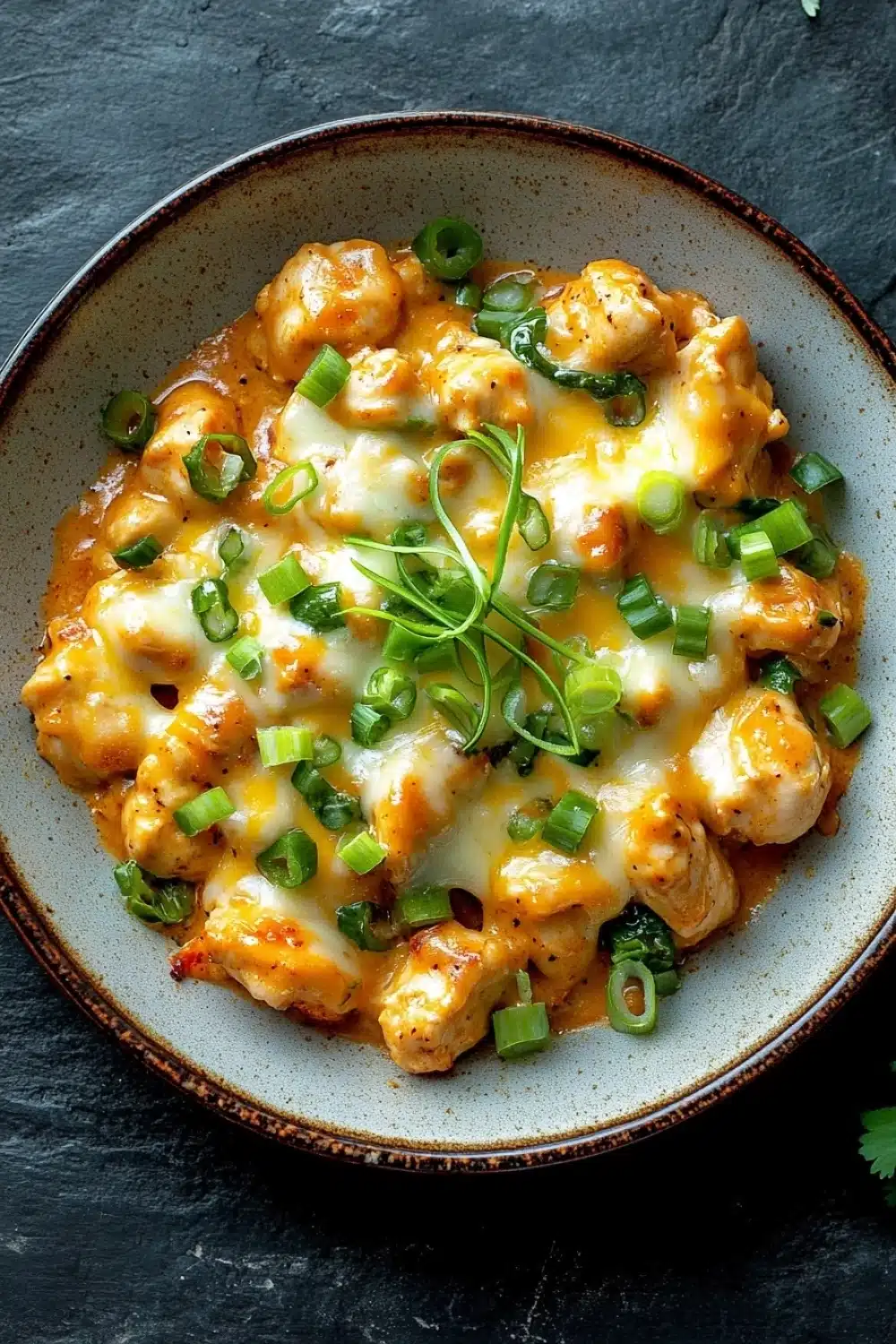 One skillet cheesy green chili chicken - the image is a close-up of a bowl of food. the bowl is made of ceramic and has a brown rim. the food appears to be a dish made with chicken, cheese, and green onions. the chicken is cooked to a golden brown color and is covered in a creamy sauce. the cheese is melted and bubbly, and there are small pieces of green onions scattered throughout the dish. the dish is garnished with a sprig of fresh cilantro. the background is a dark grey textured surface.