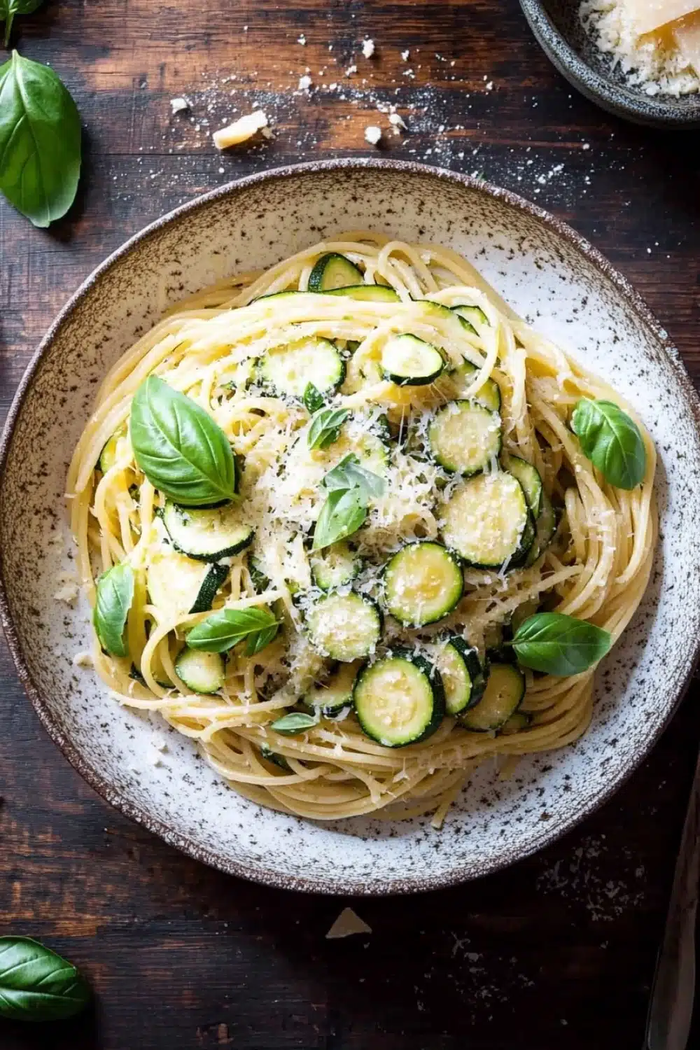 Pasta dinner with zucchini - the image shows a bowl of spaghetti with zucchini and parmesan cheese on top. the spaghetti is cooked al dente and is garnished with fresh basil leaves. the bowl is sitting on a wooden table with a fork and knife on the side. in the background, there is another bowl of grated cheese and a few basil leaves scattered around. the overall color scheme of the image is warm and inviting.