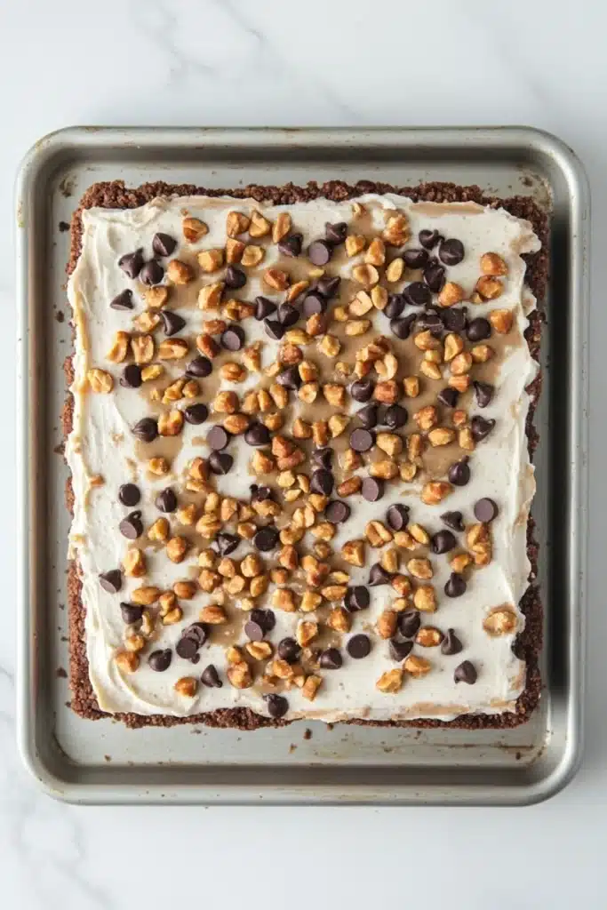 Peanut butter cookie crust dessert - the image shows a rectangular baking tray lined with parchment paper. on top of the parchment paper, there is a layer of white frosting with chocolate chips scattered across it. the frosting appears to be smooth and creamy, and the chocolate chips are dark brown in color. the tray is sitting on a white marble countertop.