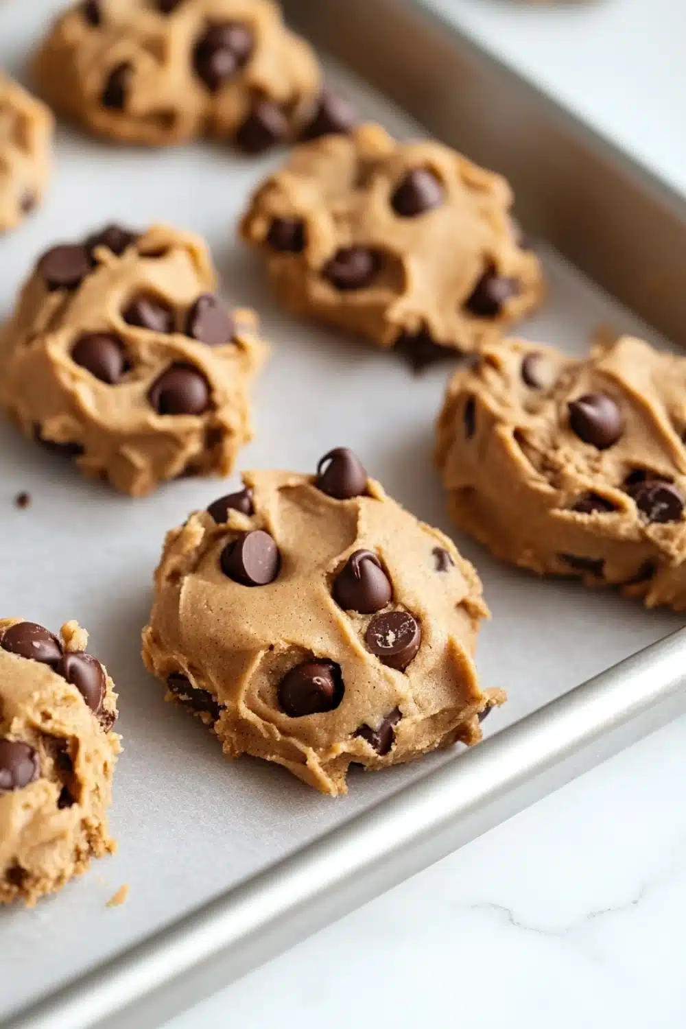 Peanut butter cookie dough edible - the image shows a baking tray lined with freshly baked chocolate chip cookies. the cookies are golden brown and have a crumbly texture. they are arranged in a single layer on the tray, with some overlapping each other. the chocolate chips are scattered throughout the cookies, adding a pop of color and texture. the tray is sitting on a white marble countertop.