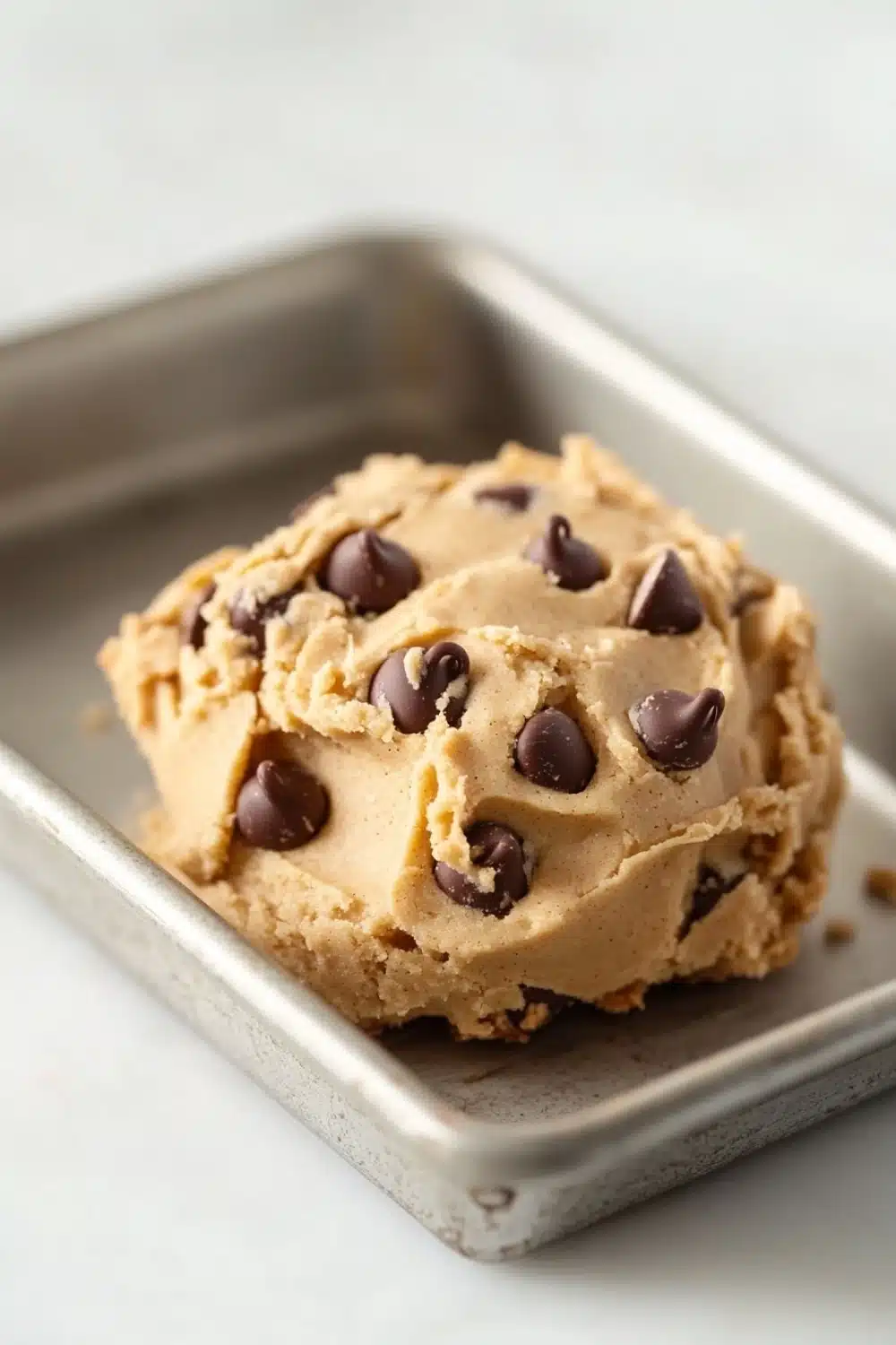 Peanut butter cookie dough edible - the image shows a square metal baking tray with a scoop of peanut butter ice cream in it. the ice cream is a light brown color and has chocolate chips scattered throughout. the tray is placed on a white countertop. the background is blurred, but it appears to be a kitchen countertop with a white sink.