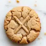 Peanut butter cookie no butter - the image is a close-up of a cookie on a white marble surface. the cookie appears to be freshly baked and has a golden brown color. it has a criss-cross pattern on top, with small pieces of peanut butter scattered around it. the peanut butter is a light brown color and looks smooth and shiny. the background is blurred, making the cookie the focal point of the image.