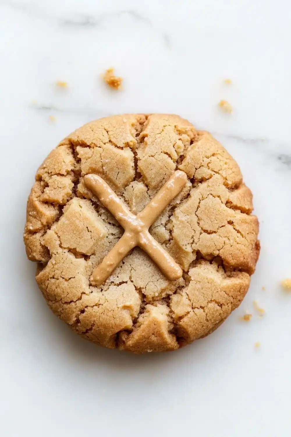 Peanut butter cookie no butter - the image is a close-up of a cookie on a white marble surface. the cookie appears to be freshly baked and has a golden brown color. it has a criss-cross pattern on top, with small pieces of peanut butter scattered around it. the peanut butter is a light brown color and looks smooth and shiny. the background is blurred, making the cookie the focal point of the image.